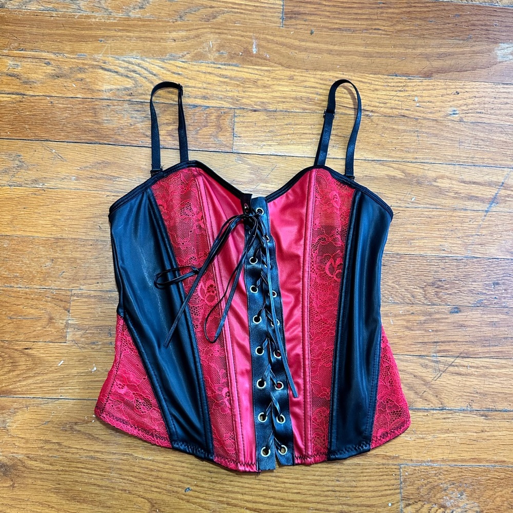 Elegant Red and Black Lace-Up Corset Top